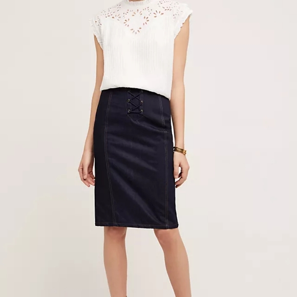 Anthropologie J.O.A. Lace-Up Denim Skirt | Dark Wash | Size S | NWT - Picture 2 of 10